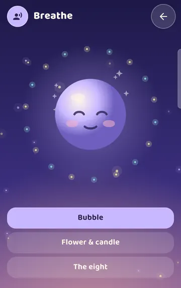 Screenshot: Breathe: a smiling bubble to breathe along with. Three styles: Bubble, Flower & candle, The eight. There is a Voice button at the top left.