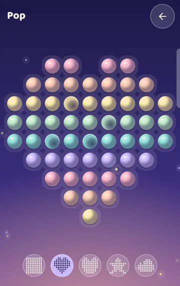 Screenshot: Pop: a pop-it to press (a few bubbles pressed here). Five shapes along the bottom: Square, Heart, Bear, Star, Cloud.