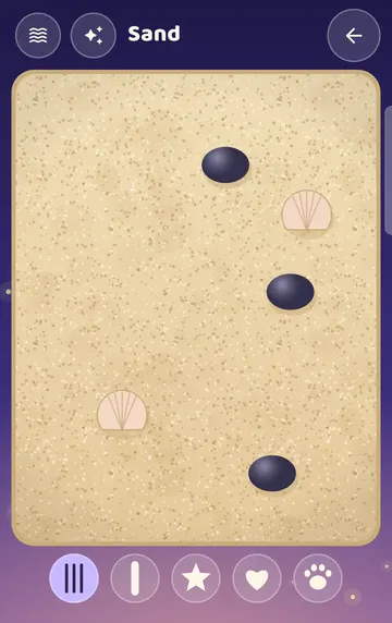 Screenshot: Sand: a sand tray with stones and shells to draw in with a finger or a tool.
