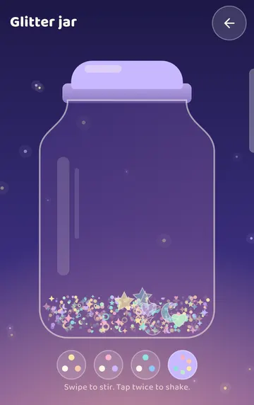 Screenshot: Glitter jar, settled. On screen: “Swipe to stir. Tap twice to shake.” Four colours: Gold, Rose, Ocean, Rainbow.