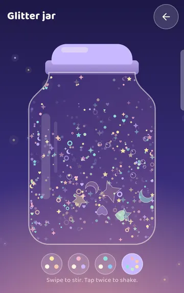 Screenshot: Glitter jar just after a double tap (shake): the glitter swirls, then slowly settles.