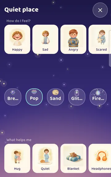 Screenshot: How do I feel? Tapping a feeling (here Angry) says it, and a calm activity or help card that may suit it glows.