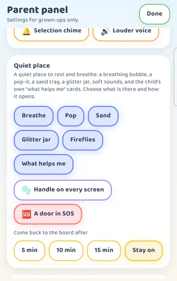 Screenshot: Parent panel > Quiet place: a switch for each activity and What helps me, the handle on every screen, the door in SOS, and when to go back to the board. Defaults: every activity and What helps me on, Handle on every screen off, A door in SOS on, Come back to the board after: Stay on.