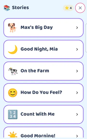 Screenshot: Learn > Stories: the storybook shelf (scroll for more).