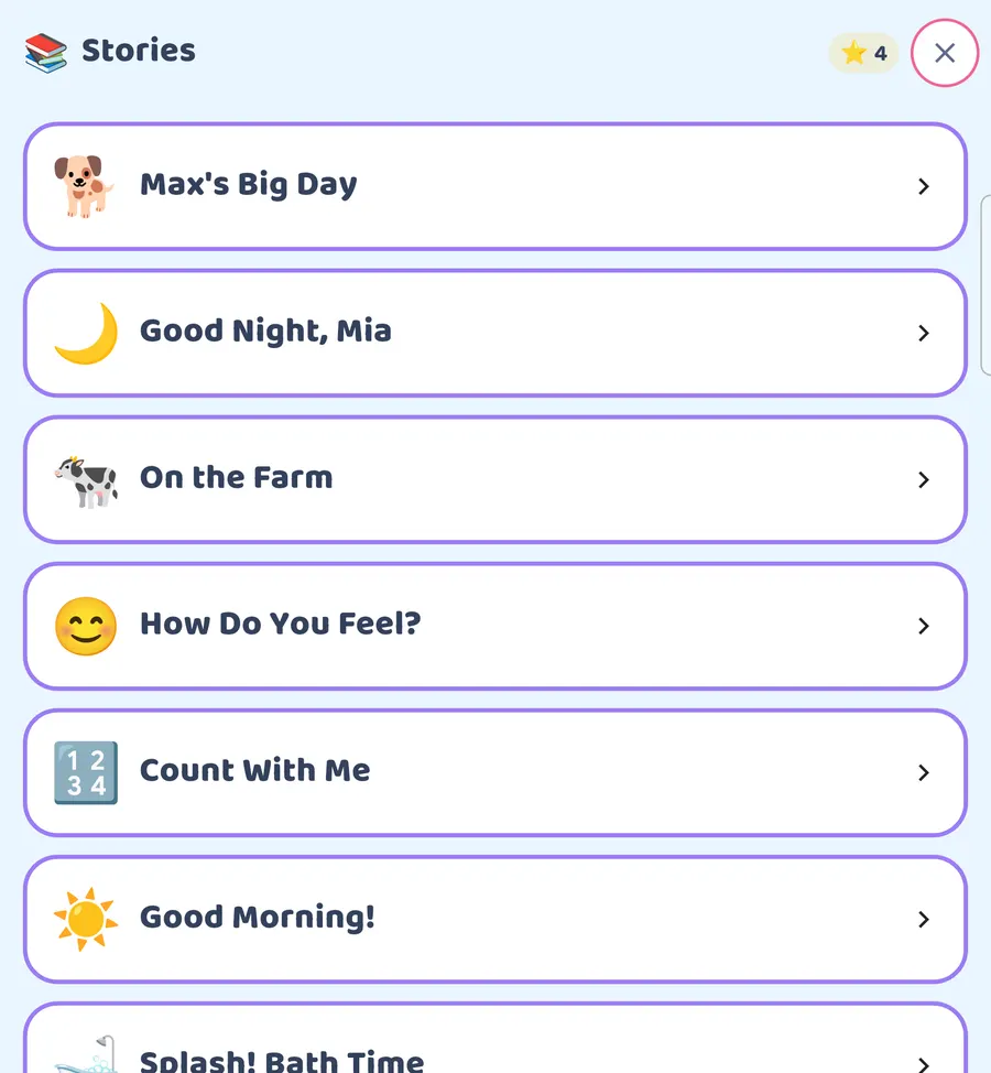 Screenshot: The storybook shelf on the inner screen.