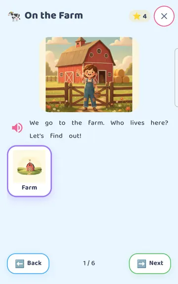 Screenshot: On the Farm, page 1 of 6. The page is read aloud; every word can be tapped; Read this page aloud replays it; Back / Next turn pages.