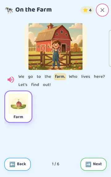 Screenshot: Tapping one word (farm) highlights it and says just that word.