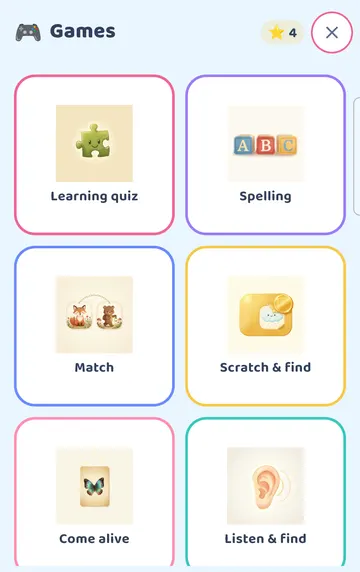 Screenshot: Bag > Games: the games hub (scroll for more).