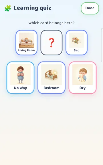 Screenshot: Games > Learning quiz: 'Which card belongs here?' with three cards to choose from.