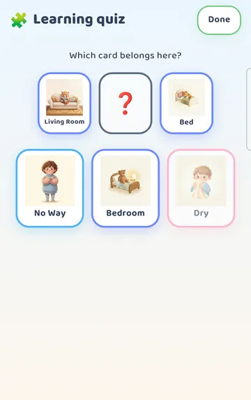 Screenshot: A wrong tap (Dry): the card says its own word and softly dims. No buzz, no red, no cross, and the round keeps going.