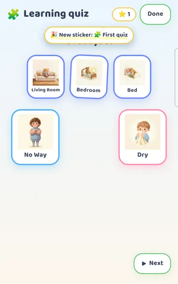 Screenshot: The right card (Bedroom) fills the gap and is celebrated; then the next round comes.