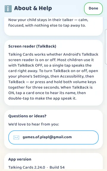 Screenshot: Parent panel > About & Help > Screen reader (TalkBack): the app's own help text (Android only).