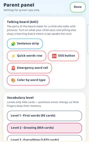Screenshot: Parent panel > Talking board (AAC): all five switches are off on a learning-board start.