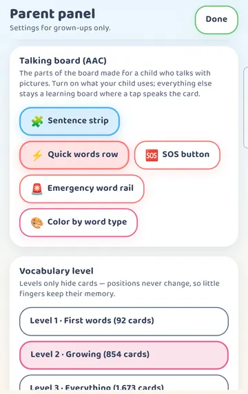 Screenshot: Sentence strip and Quick words row turned on (filled chips).