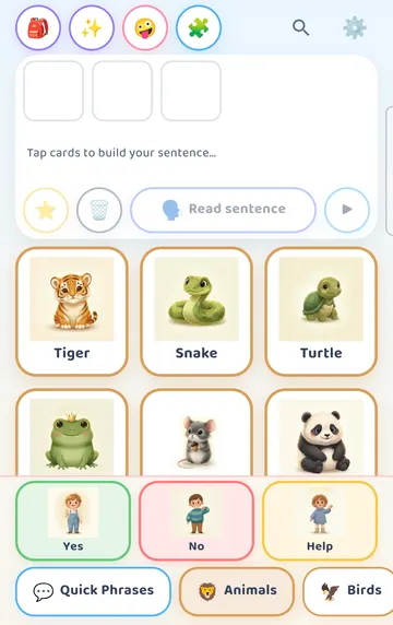 Screenshot: Back on the board: the sentence strip at the top, Read sentence and Play each word buttons, and the Yes / No / Help row above the category tabs.