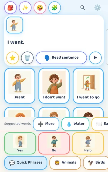 Screenshot: Tapped Want: the card goes into the strip, which reads 'I want.' A Suggested words row appears: More, Water, Eat, Play.