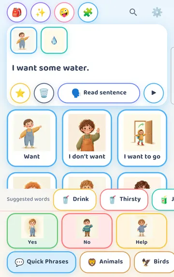 Screenshot: Tapped Water in the suggestions: the strip now reads 'I want some water.' (the app adds 'some'). New suggestions: Drink, Thirsty, Juice.