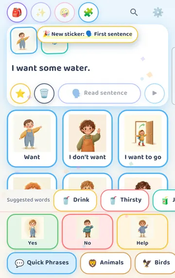Screenshot: Tapped Read sentence: the whole sentence is spoken out loud. The first time, a 'New sticker: First sentence' badge and confetti appear.