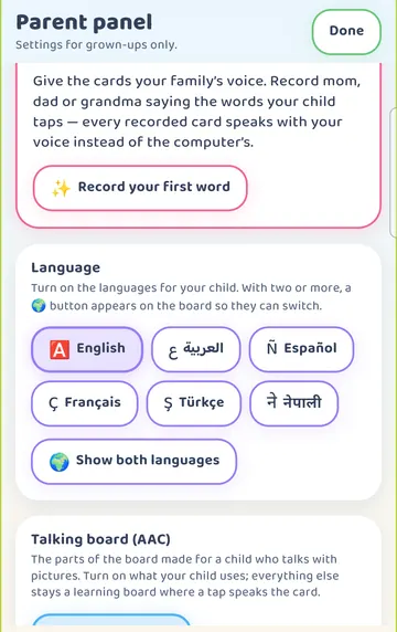 Screenshot: Parent panel > Language: 'Turn on the languages for your child. With two or more, a globe button appears on the board so they can switch.' Six languages, plus Show both languages.