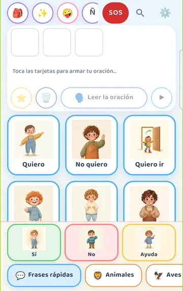 Screenshot: The same board in Spanish: every card keeps its picture and its place; only the words change. A globe button appears in the top row.