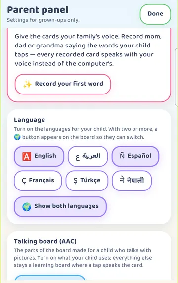 Screenshot: Parent panel > Language: English and Español both on, and Show both languages turned on.