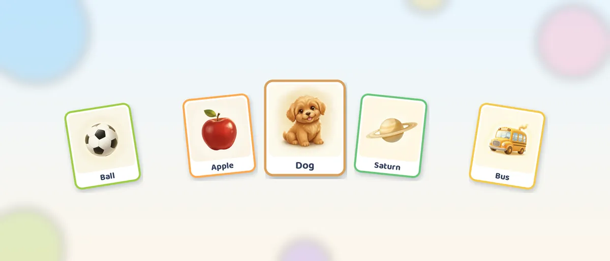 Five Talking Cards picture cards in a fan: Ball, Apple, Dog, Saturn and Bus.
