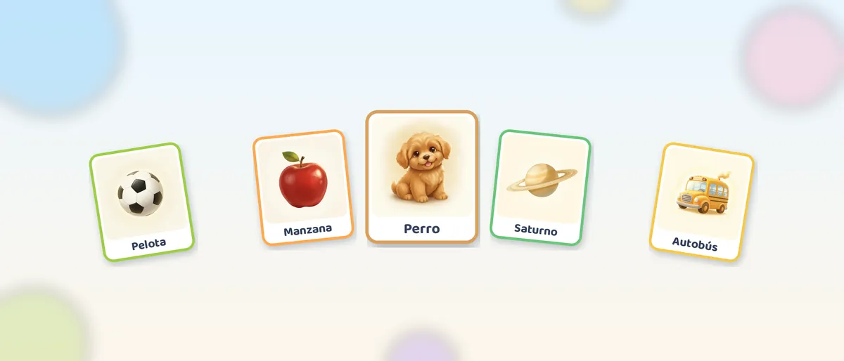 Cinco tarjetas de Talking Cards en abanico: Pelota, Manzana, Perro, Saturno y Autobús.