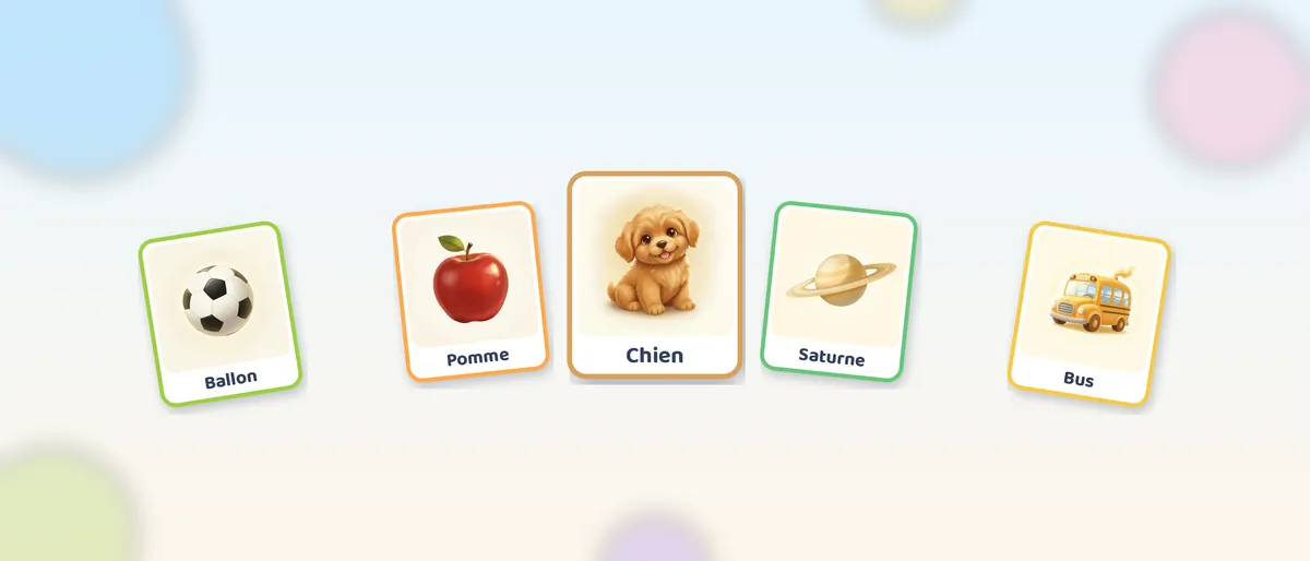 Cinq cartes illustrées de Talking Cards en éventail : Ballon, Pomme, Chien, Saturne et Bus.