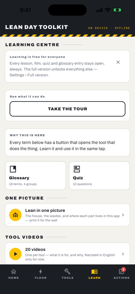 The learning centre: "Learning is free for everyone", a Take the tour button, a glossary of 18 terms, a 10-question quiz, Lean in one picture, and 20 tool videos.