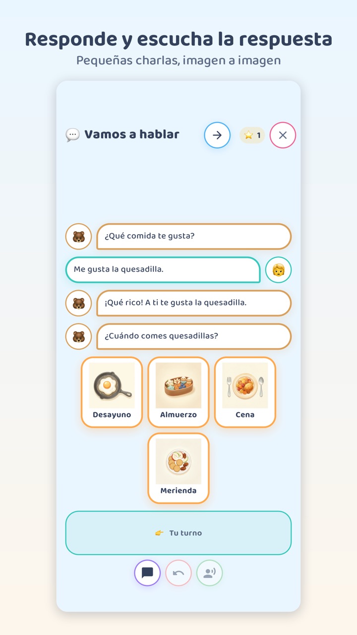 La pantalla de «Vamos a hablar» en la app: un osito pregunta qué comida le gusta al niño, el niño responde con una tarjeta, el osito le contesta y hace la siguiente pregunta, con tarjetas con imágenes para responder.