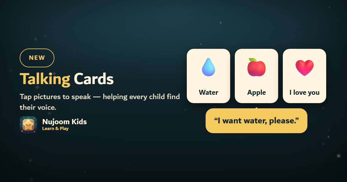 Talking Cards: three picture cards — Water, Apple, I love you — and the spoken sentence “I want water, please.”