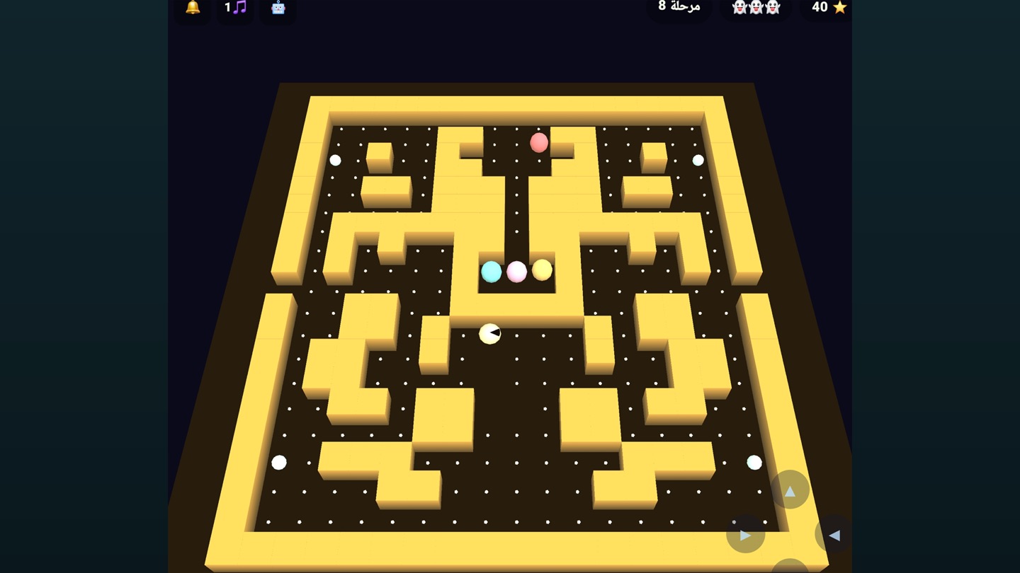A 3D-perspective maze game in gold on a dark board, with a round yellow character, dots and three ghosts; the top bar shows the level and stars.