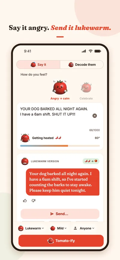 App Store screenshot: the angry draft about a barking dog rewritten into a calm message.