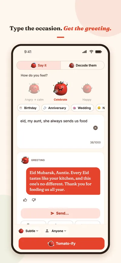 App Store screenshot: the Celebrate mood with occasion chips, turning a few words into an Eid greeting.