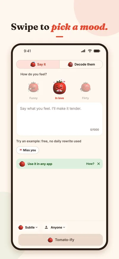 App Store screenshot: the mood carousel with the In love mood selected.