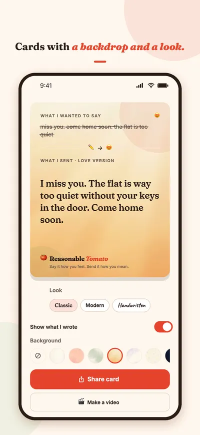 App Store screenshot: a share card showing what was typed and what was sent, with look and background options.