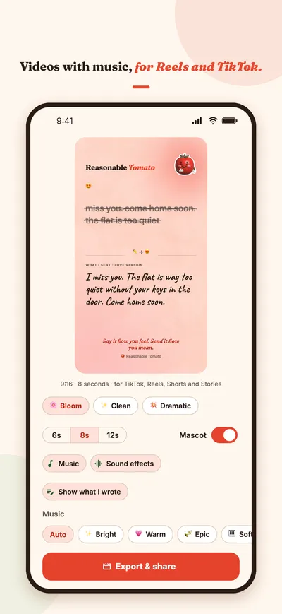 App Store screenshot: the video maker with styles, lengths, music and mascot options.