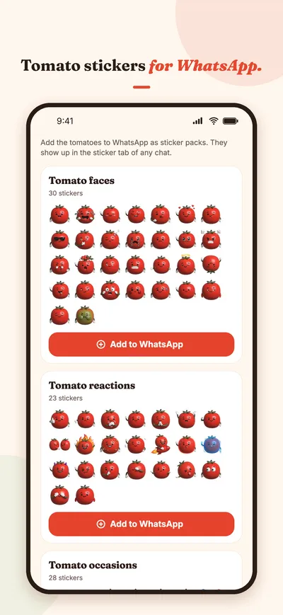 App Store screenshot: three packs of tomato stickers with Add to WhatsApp buttons.