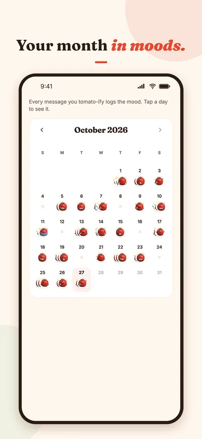 App Store screenshot: the mood calendar for October 2026 with a tomato on each day.