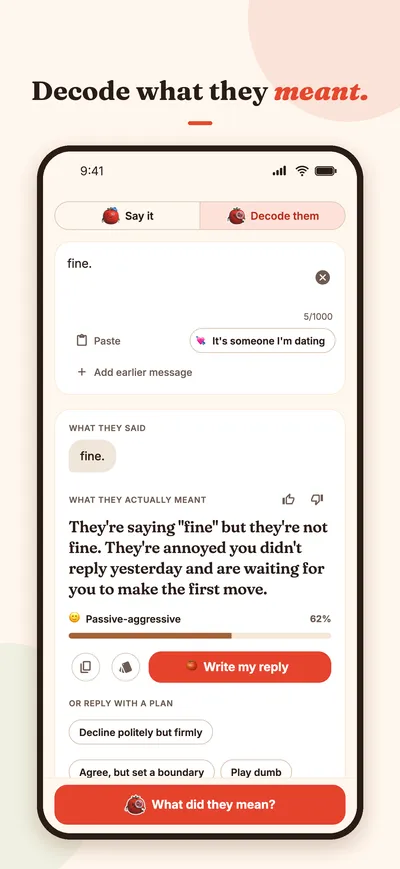 App Store screenshot: a received message, fine., decoded into what the sender actually meant, with reply plans.