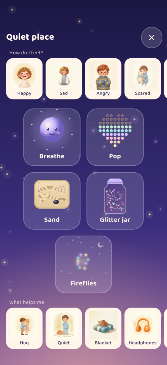 The Quiet place: a How do I feel row of Happy, Sad, Angry and Scared cards, then Breathe, Pop, Sand, Glitter jar and Fireflies to play with, and a What helps me row — Hug, Quiet, Blanket, Headphones.