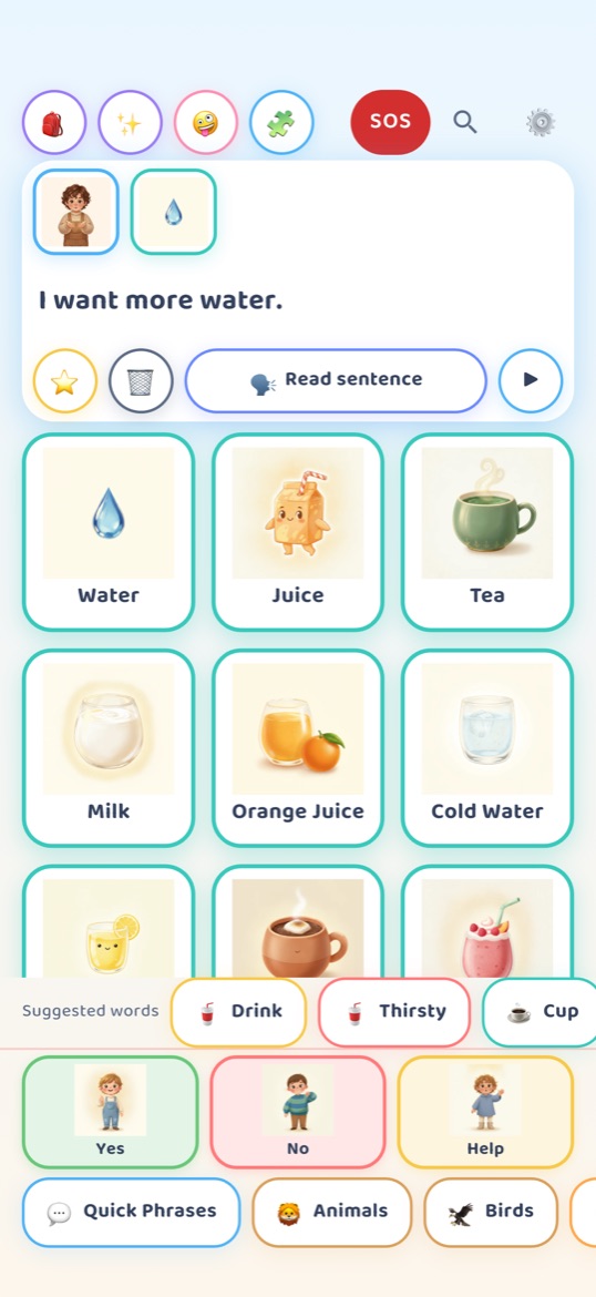 The talking board switched on: the sentence “I want more water.” built from two picture cards at the top, a Read sentence button, rows of drink cards — Water, Juice, Tea, Milk, Orange Juice, Cold Water — a suggested-words row, and a fixed Yes, No and Help row.