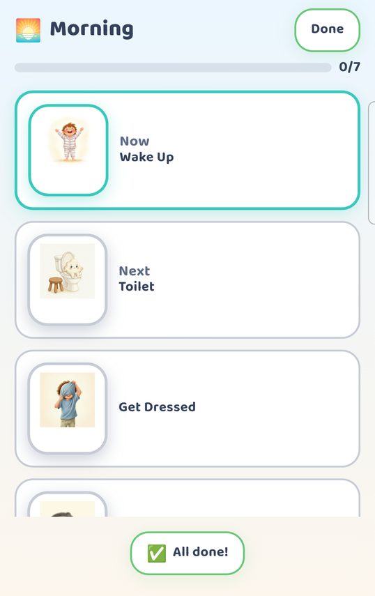 A morning day plan on Android: Wake Up marked Now, Toilet marked Next, and a progress bar.