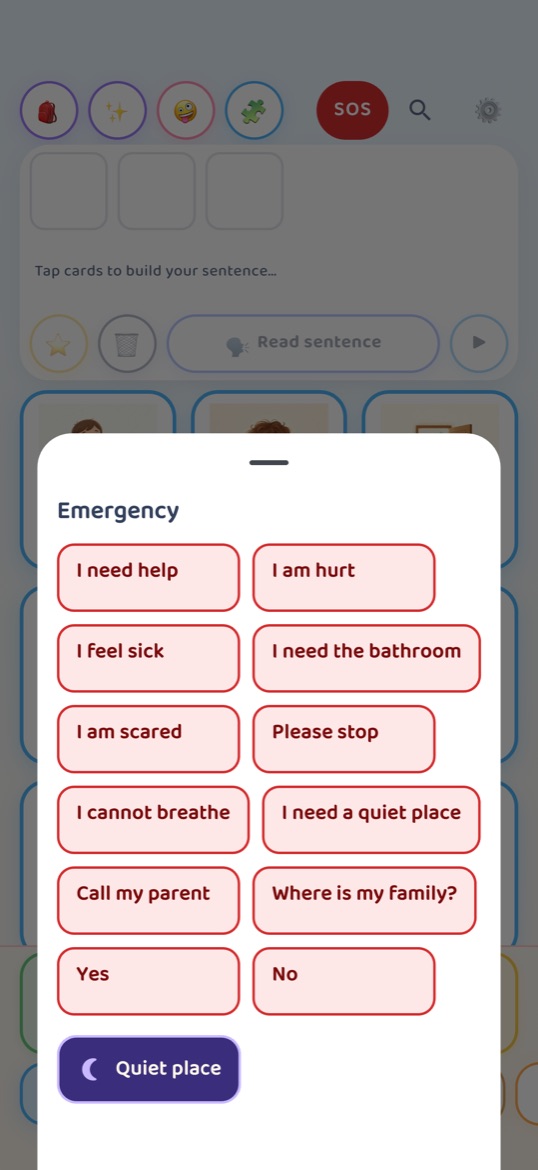 The Emergency sheet listing twelve red phrase buttons including I need help, I am hurt, I feel sick, I am scared, I cannot breathe and Call my parent.
