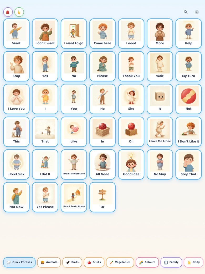 The learning board on an iPad: more than thirty picture cards on one screen — Want, I don’t want, I want to go, Come here, I need, More, Help, Stop, Yes, No, Please, Thank You and more — with the category strip along the bottom.