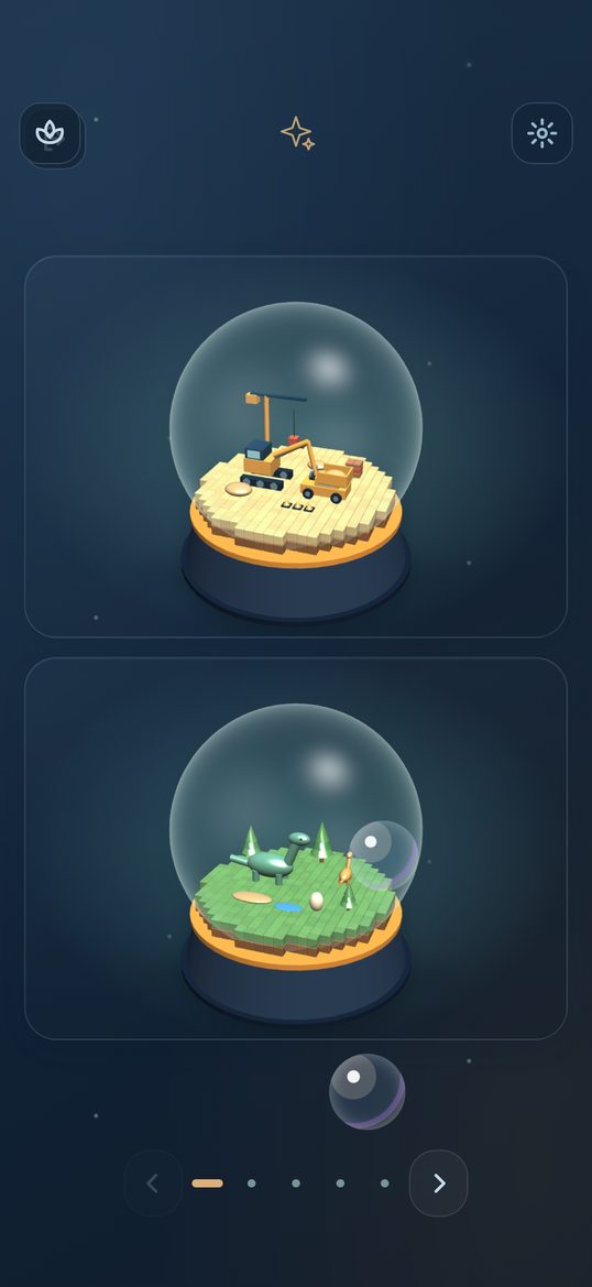 Bottle Worlds: two little worlds in glass globes, a building site and a green meadow, on a dark night background.