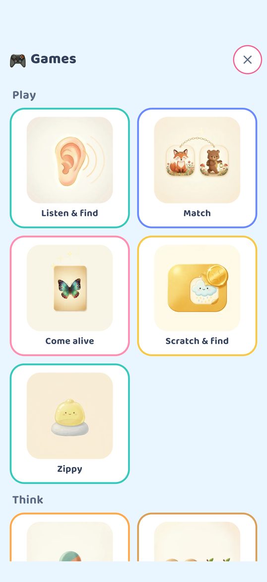 The Games hub on iPhone: a Play shelf with Listen & find, Match, Come alive, Scratch & find and Zippy, and the Think shelf starting below.