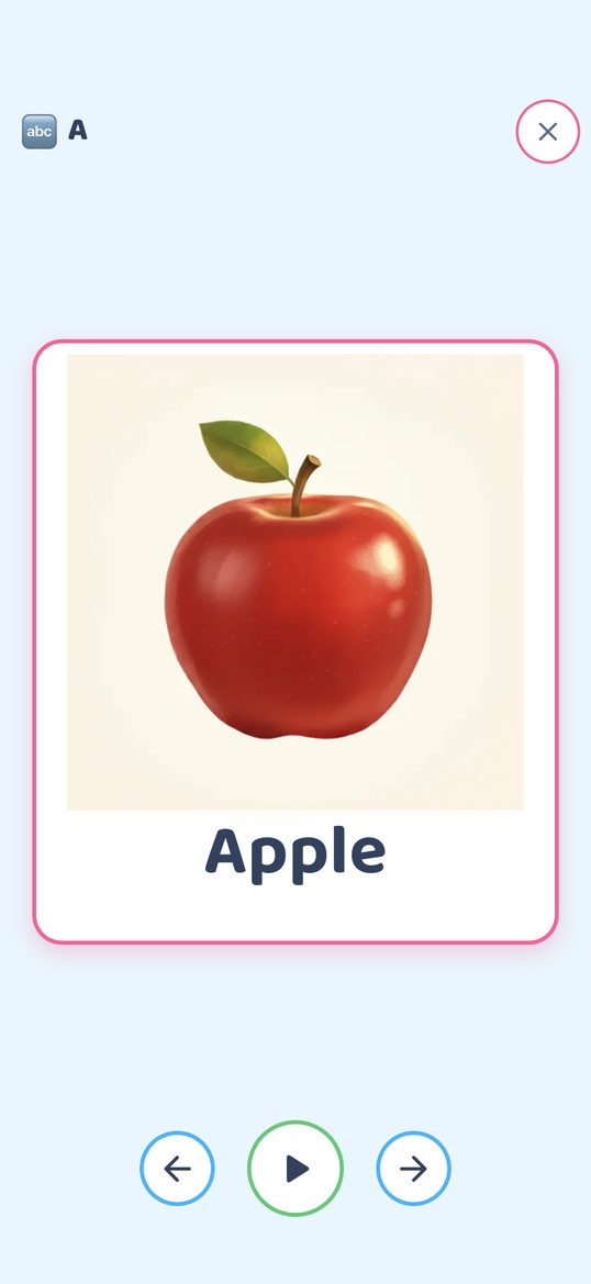The slide show in Alphabet: the Apple card shown large, with back, play and next buttons.