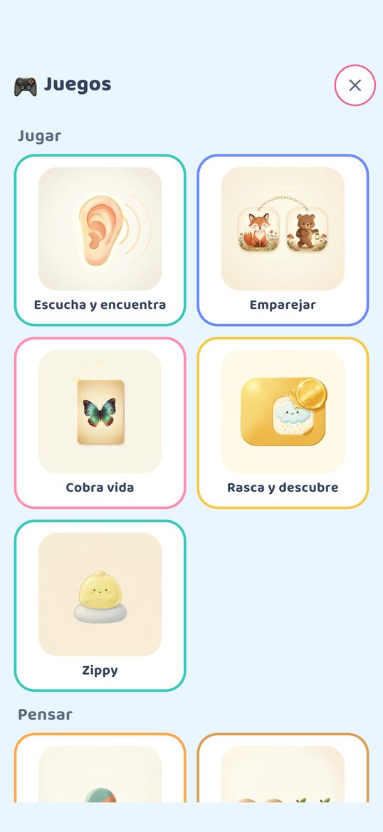 La pantalla de Juegos en iPhone: los juegos ordenados en estantes; en el primero está Zippy.