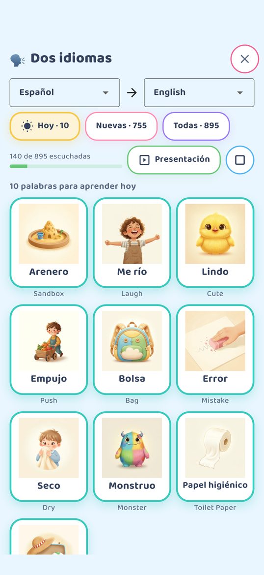 Dos idiomas: las vistas Hoy, Nuevas y Todas, un conteo de palabras escuchadas, el botón Presentación y diez palabras para aprender hoy.